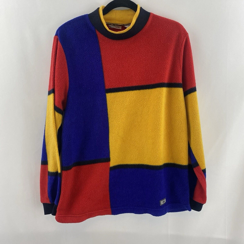 ALIA SPORT 90's Mock Neck Colour Block FLEECE Pullover M Multi Color Polyester